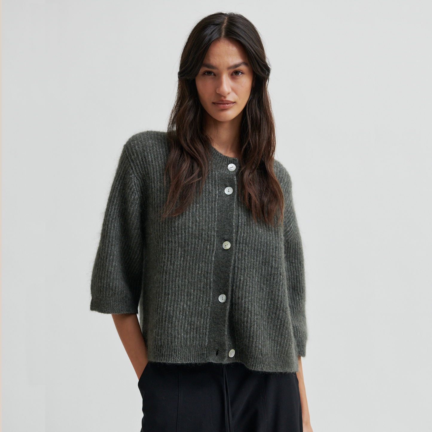 Second Female Andrea Knit Rib Cardigan, Beluga