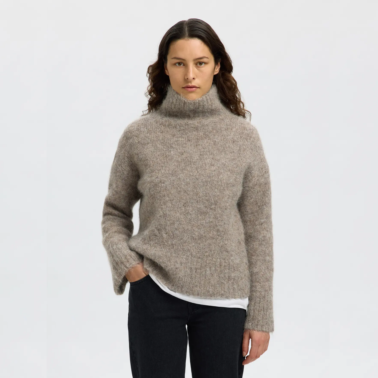 Selected Gabriella Knit High-Neck, Steel Gray Melange