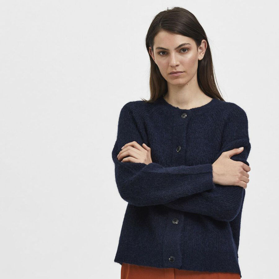 Selected Lulu Knit Short Cardigan, Dark Sapphire Melange