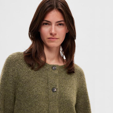 Selected Lulu Knit Short Cardigan, Dusky Green Melange