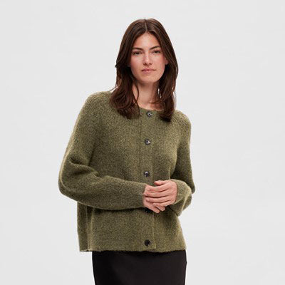Selected Lulu Knit Short Cardigan, Dusky Green Melange