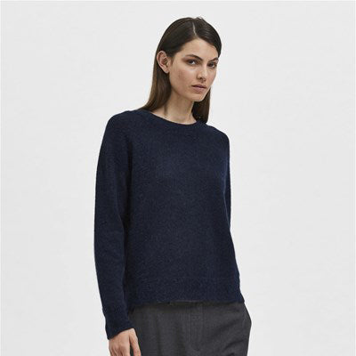 Selected Lulu Knit O-Neck, Dark Sapphire MELANGE