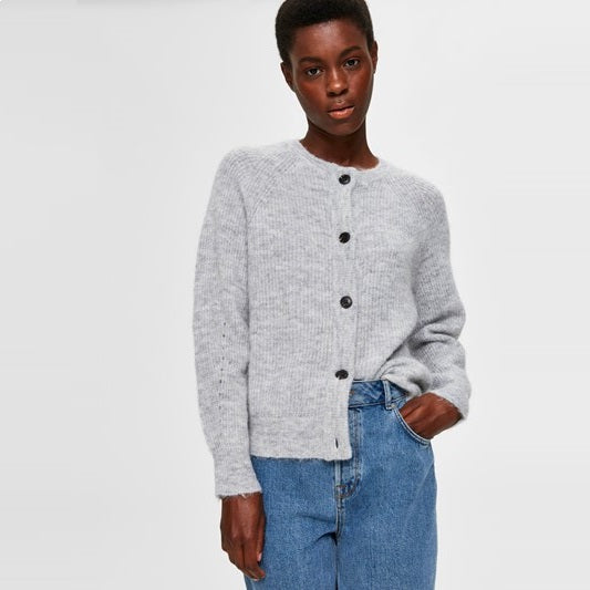 Selected Lulu Knit O-Neck Cardigan, Light Grey Melange