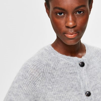 Selected Lulu Knit O-Neck Cardigan, Light Grey Melange