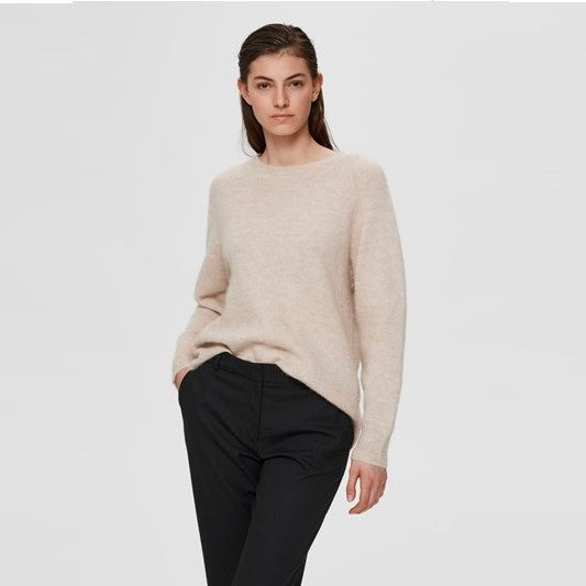 Selected Lulu Knit O-Neck, Birch Melange