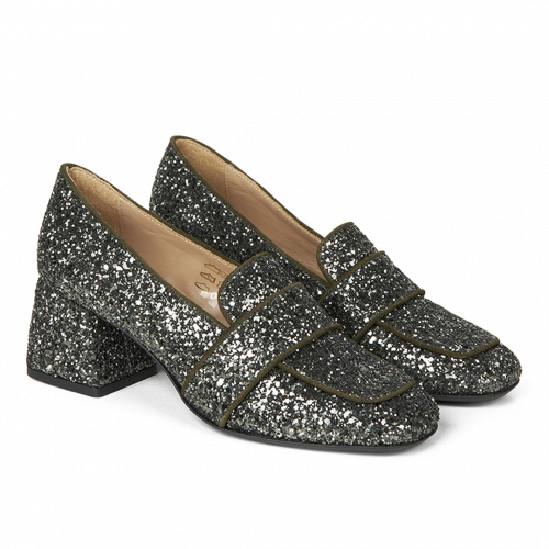 Angulus 1647 - Loafer med hæl, Dark Green Glitter