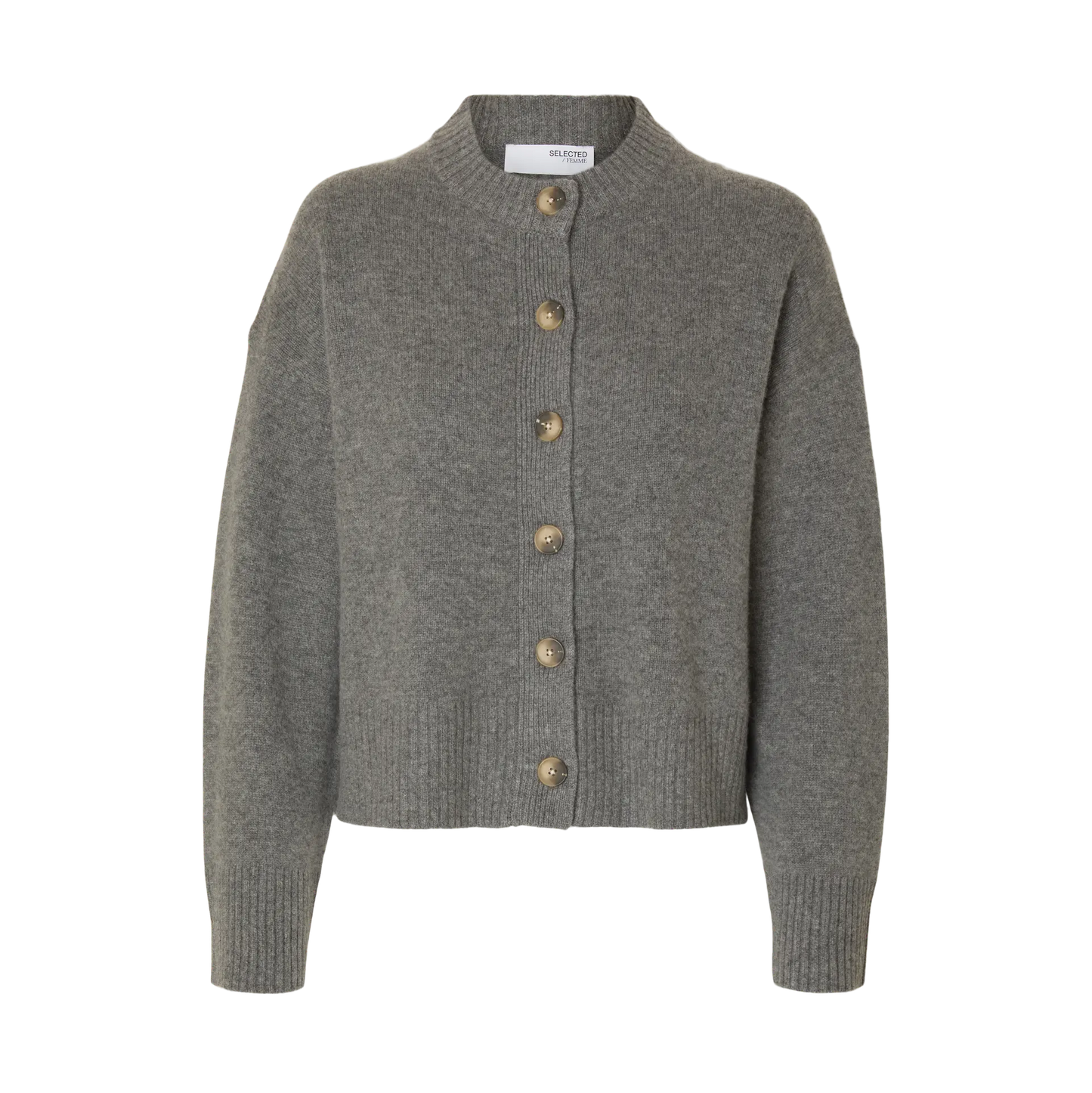 Selected Cille Knit O-Neck Cardigan, Medium Grey Melange