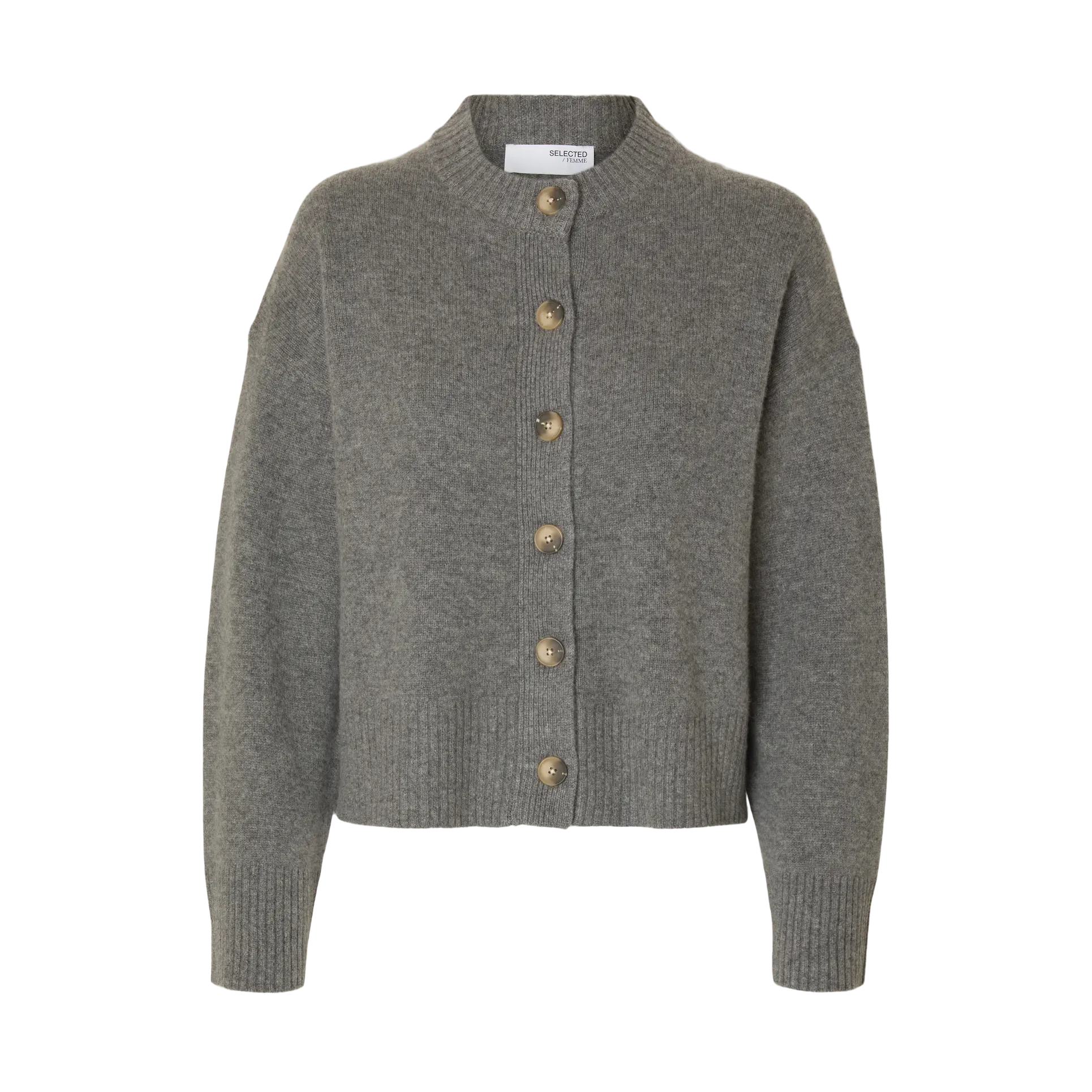 Selected Cille Knit O-Neck Cardigan, Medium Grey Melange