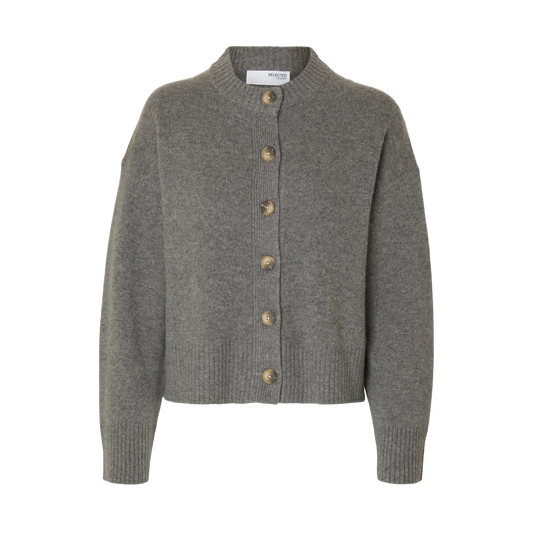 Selected Cille Knit O-Neck Cardigan, Medium Grey Melange