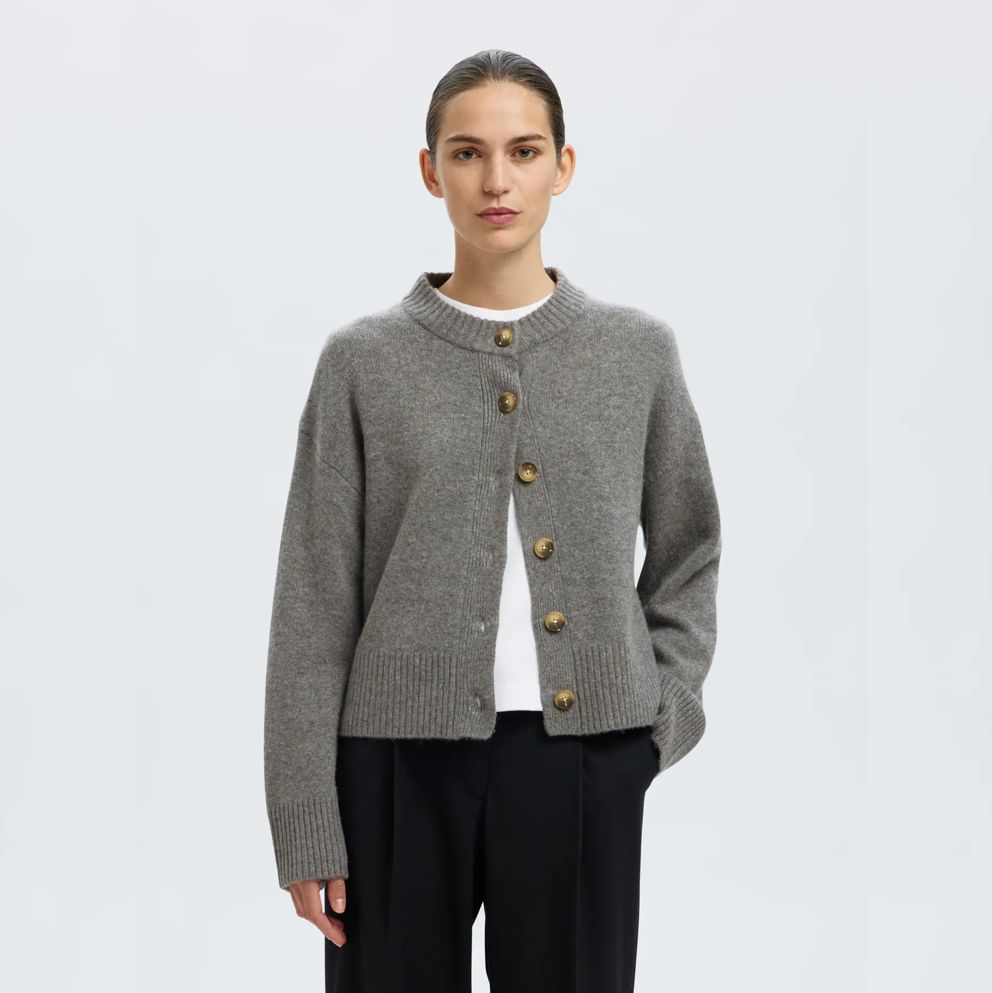Selected Cille Knit O-Neck Cardigan, Medium Grey Melange