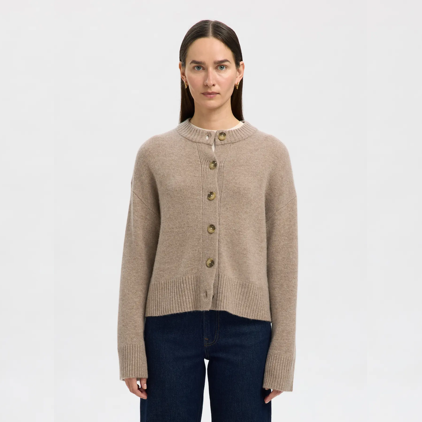 Selected Cille Knit O-Neck Cardigan, Irish Cream Melange