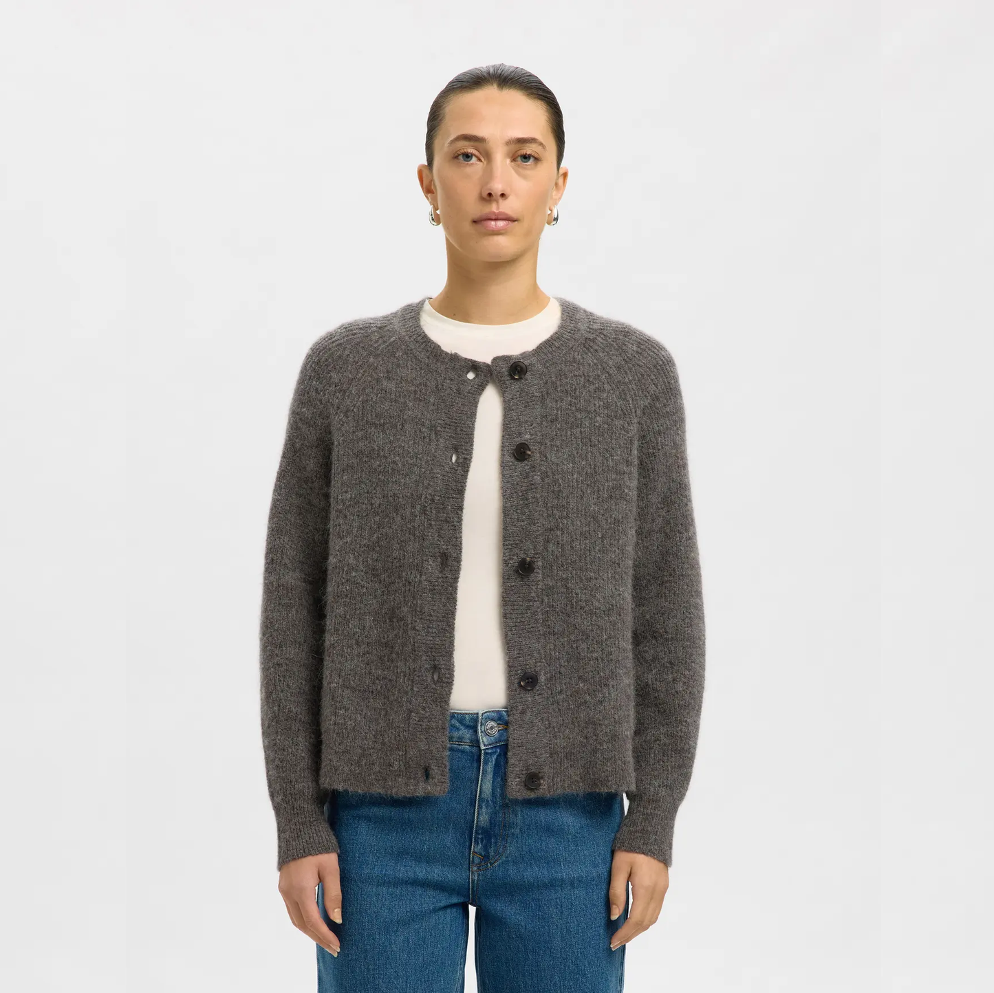 Selected Lulu Knit O-Neck Cardigan, Medium Grey Melange