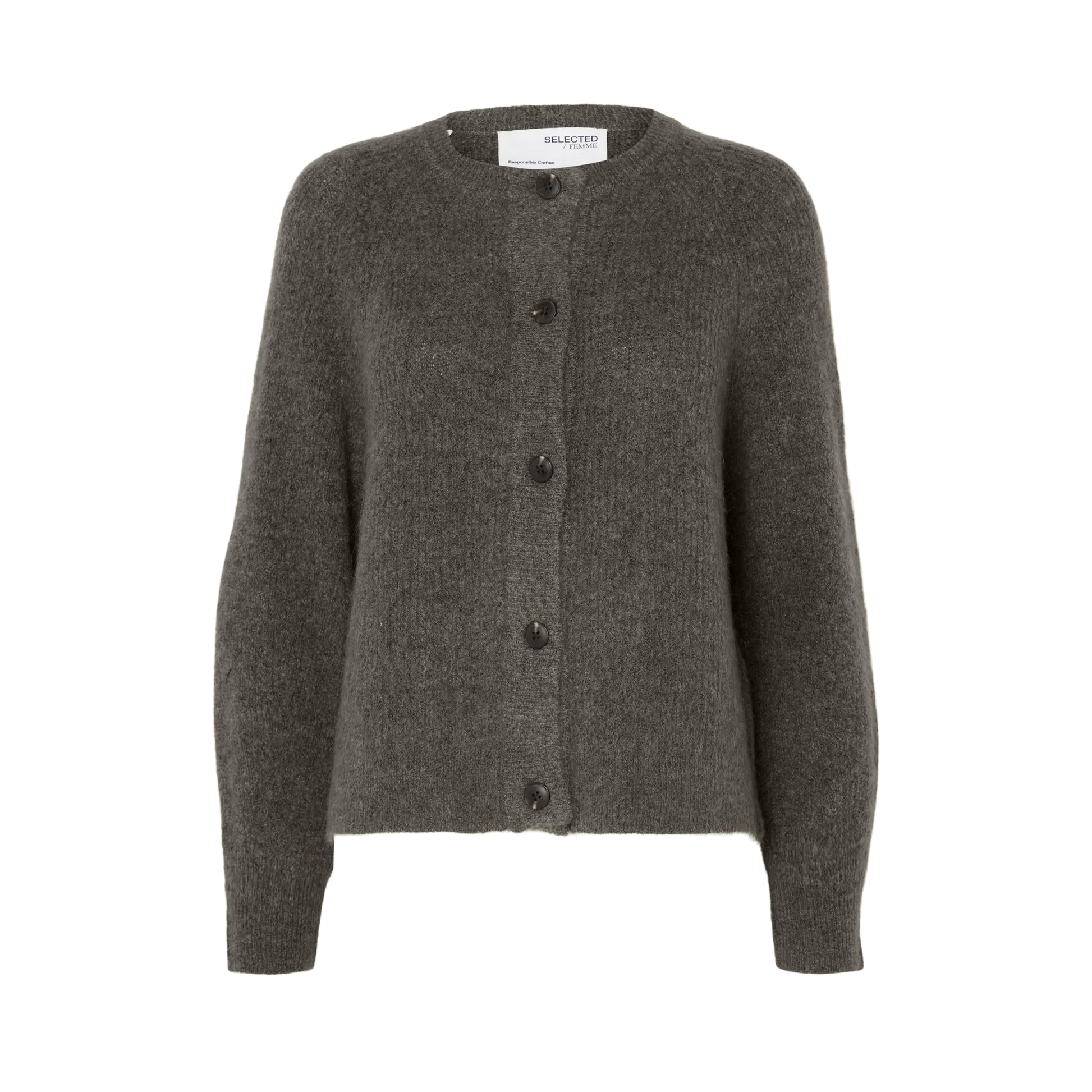 Selected Lulu Knit O-Neck Cardigan, Medium Grey Melange