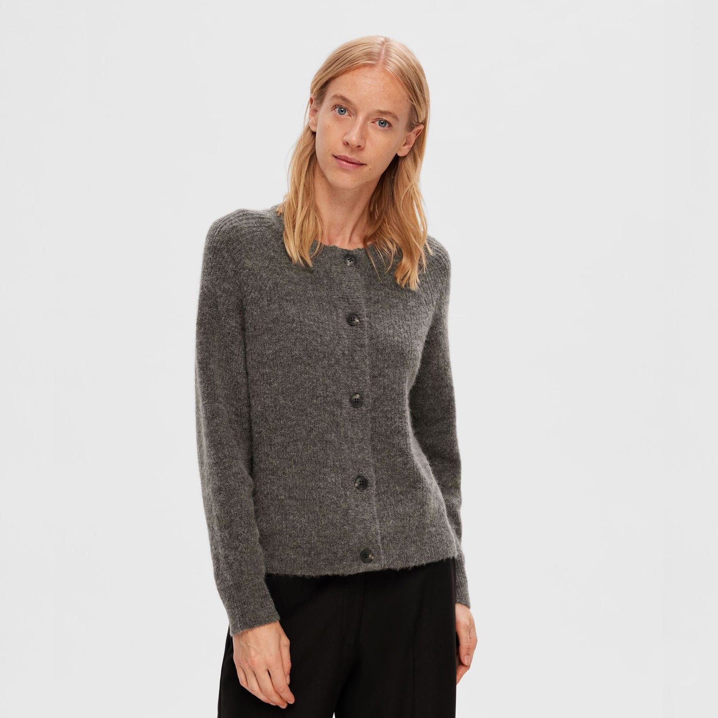 Selected Lulu Knit O-Neck Cardigan, Medium Grey Melange