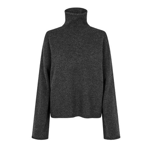 Second Female Neva Knit T-Neck, Dark Grey Melange