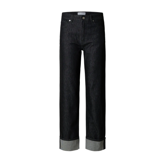Selected Straight Lyra-Bora Fold-Up Jeans, Black Denim