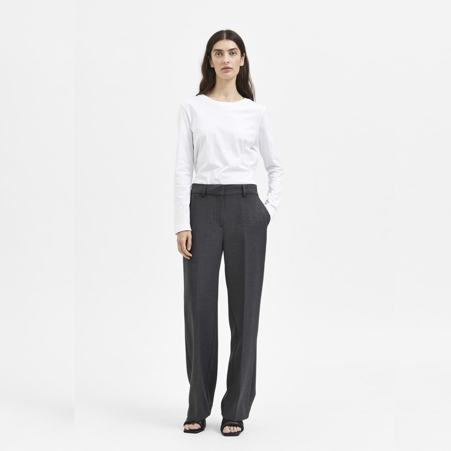 Selected Rita Wide Pant, Dark Grey Melange