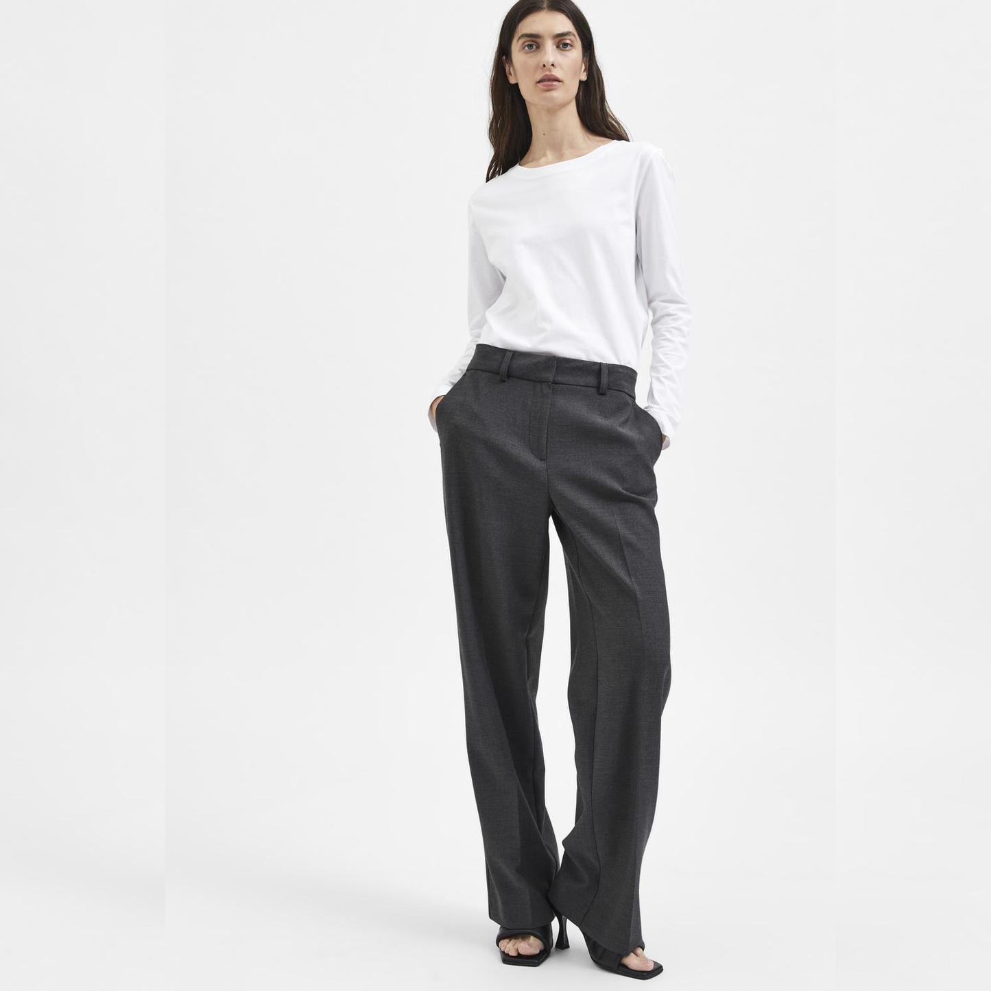 Selected Rita Wide Pant, Dark Grey Melange