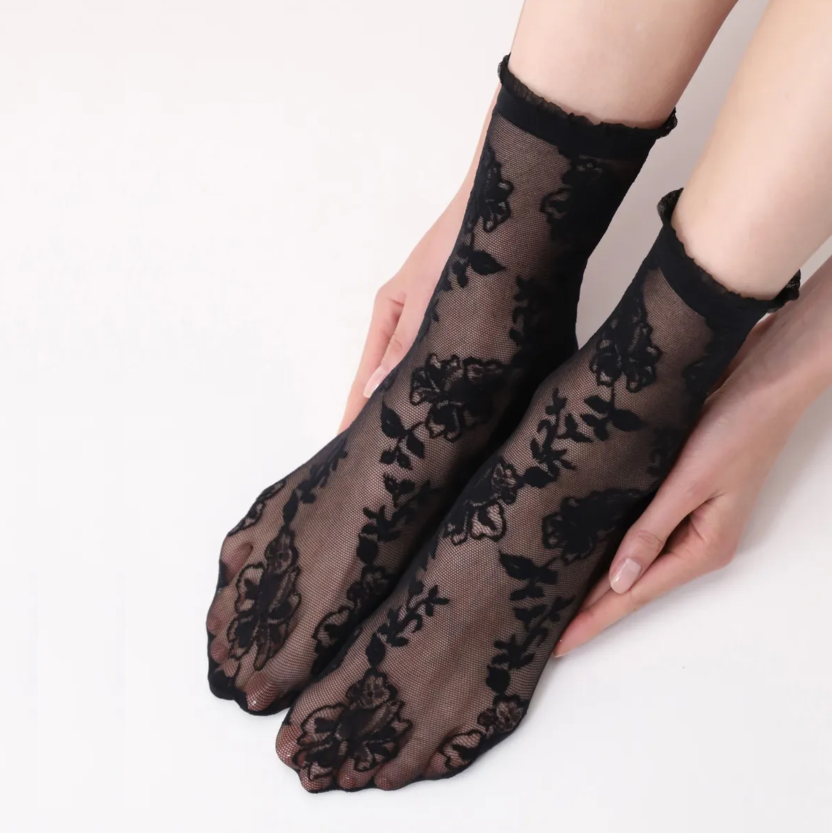 Oroblu Floral Lace Effect Sheer Socks Trim, Black