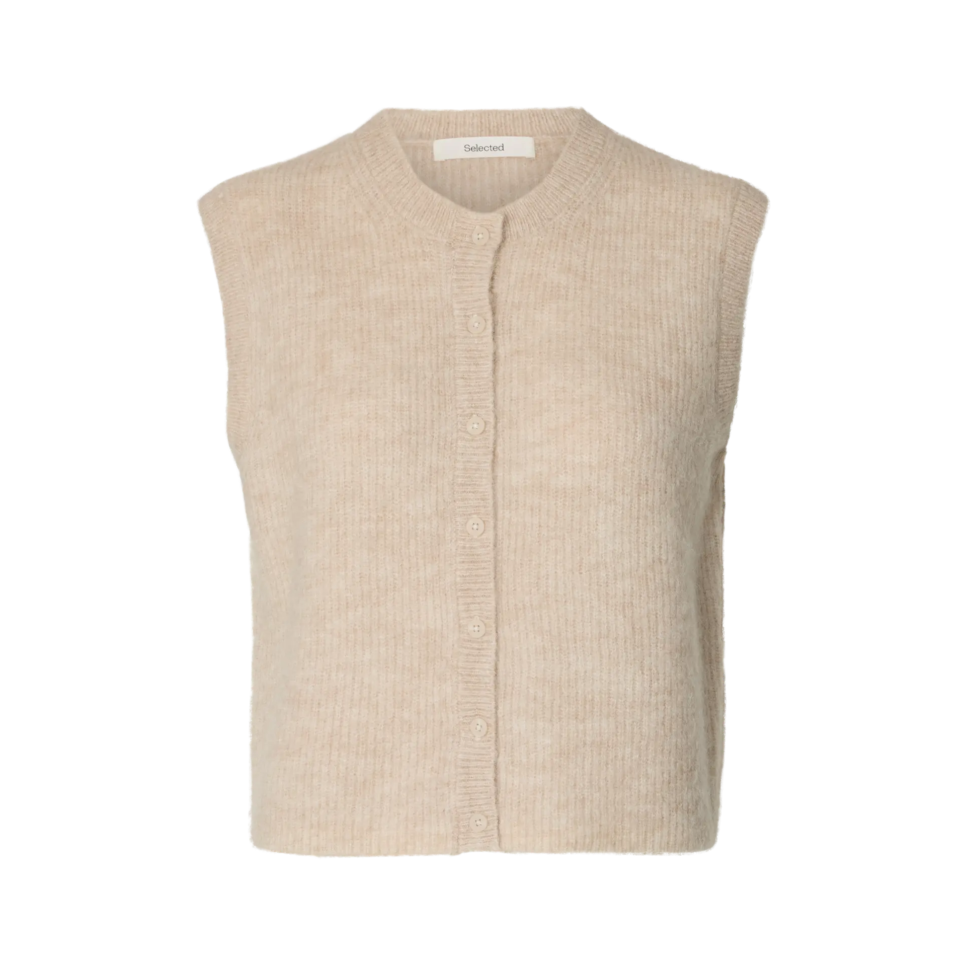 Selected Lulu Button O-Neck Vest, Birch/Melange