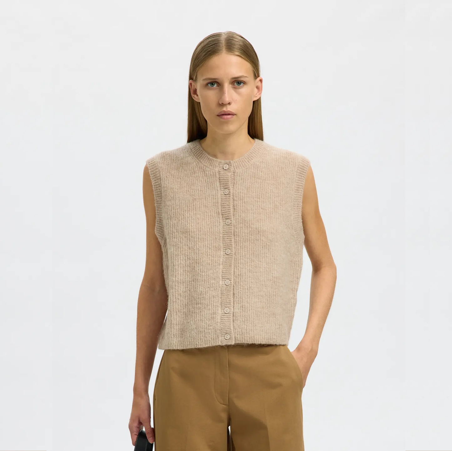 Selected Lulu Button O-Neck Vest, Birch/Melange