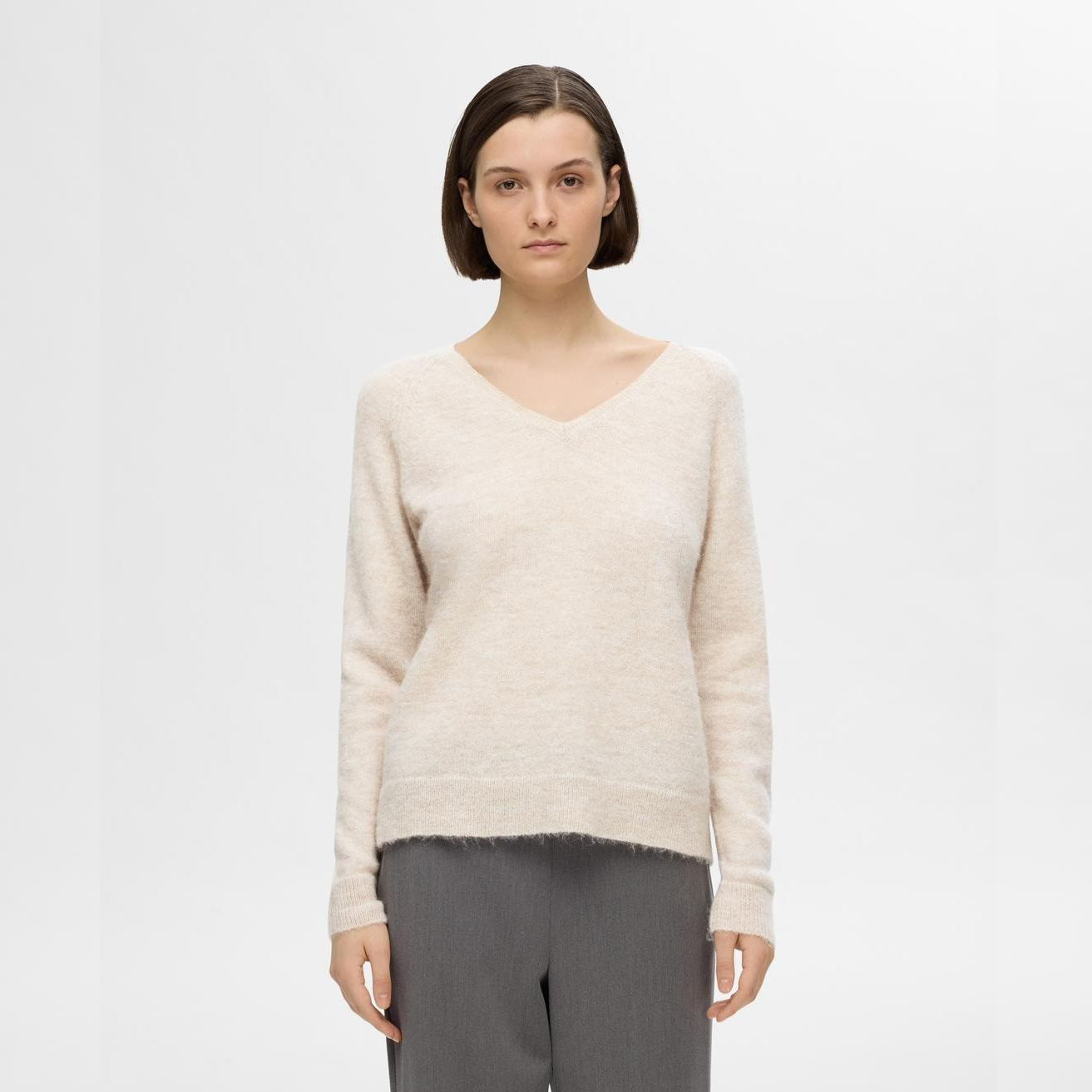 Selected Lulu Knit V-Neck, Birch Melange