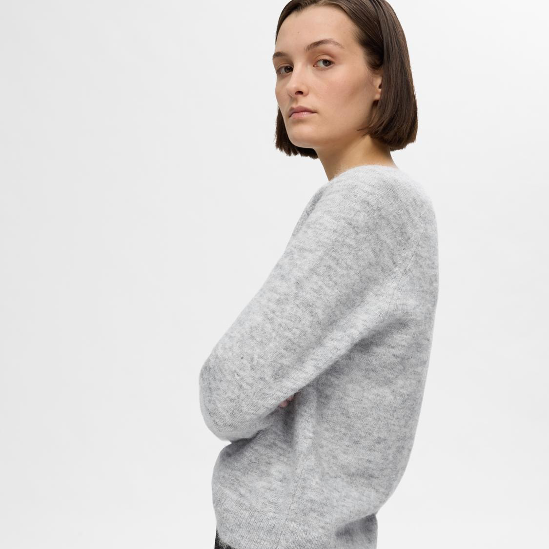 Selected Lulu Knit V-Neck, Light Grey Melange