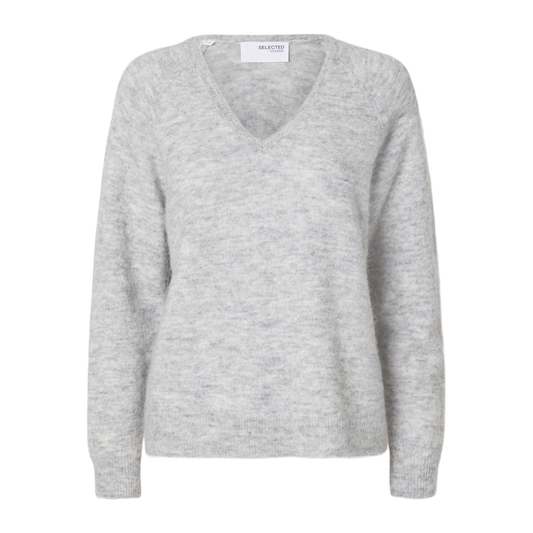 Selected Lulu Knit V-Neck, Light Grey Melange