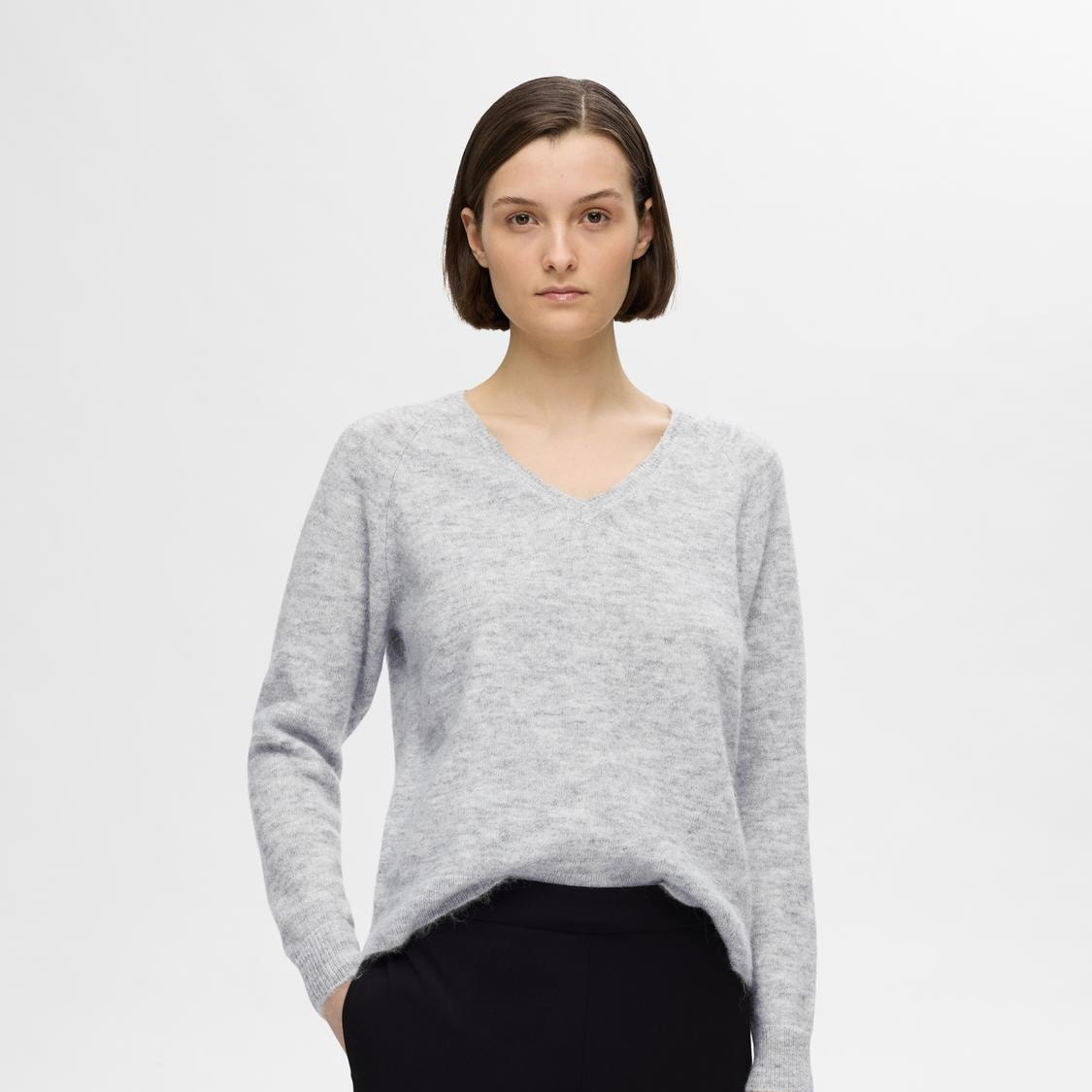 Selected Lulu Knit V-Neck, Light Grey Melange